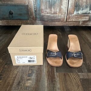 COACH HONEY DENIM WOOD SLIDE SANDAL HEEL WEDGE SIZE 6 CLASSIC